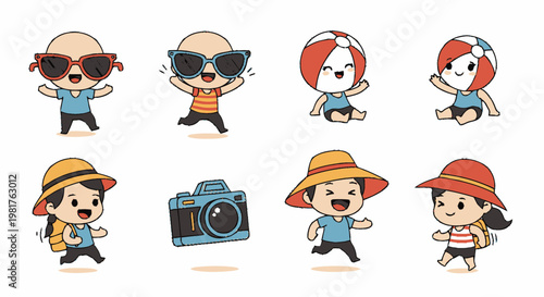 Collection of Cute Cartoon Characters in Various Poses and Outfits.