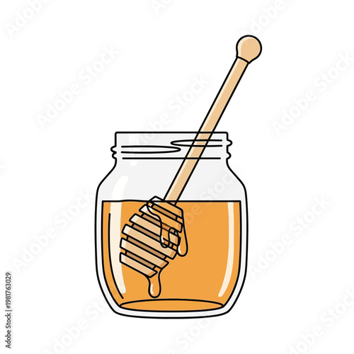 Jar of golden honey with a wooden dipper dripping sweet liquid.