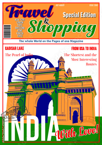 Travel and Shopping Magazine Fake Cover. India with Love. Mumbai Tourist Attraction Getaway of India Illustration. Gate Panorama, Indian Flag, Vector Template for Touristic Illustrations, Posters