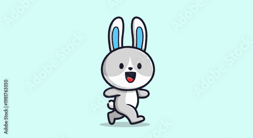 Cartoon Bunny Rabbit Running Happily Across Light Blue Background.