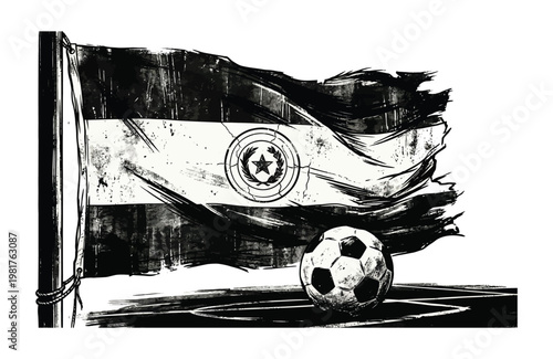 Paraguay flag with grunge texture waving over a soccer field with a ball in the foreground