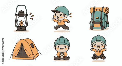 Cartoon Camping Collection - Lantern, Backpack, Tent, and Happy Campers.