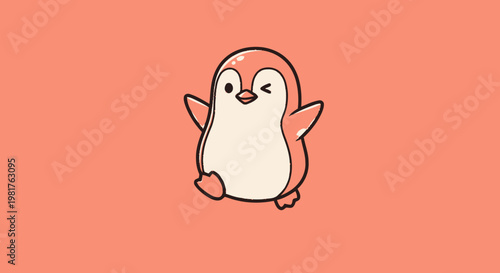 Charming cartoon penguin winking and waving on a coral background.