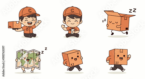 Cute Cartoon Delivery Person with Boxes and Maps, Happy and Smiling.