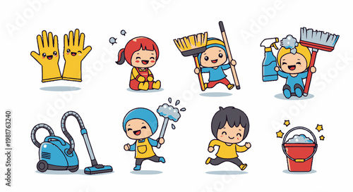 Cartoon Characters Cleaning with Various Tools and Equipment.