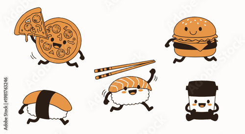 Cartoon Food Characters - Pizza, Burger, Sushi, Coffee, and Chopsticks.