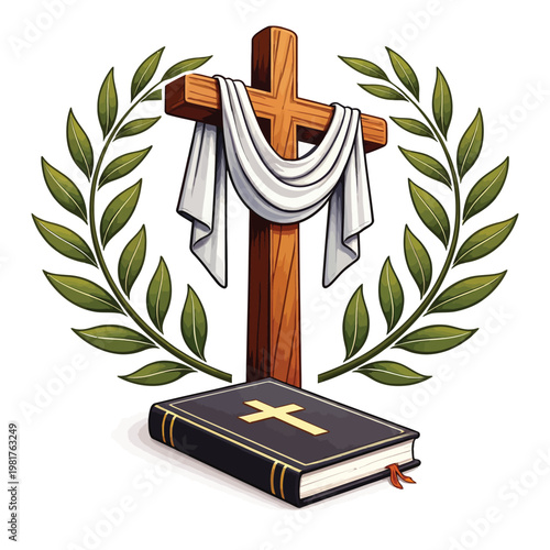 Christian cross bible and laurel wreath cross emblem christian religion spirituality religious symbol devotion scripture testament orthodox catholic protestant blessing eternity