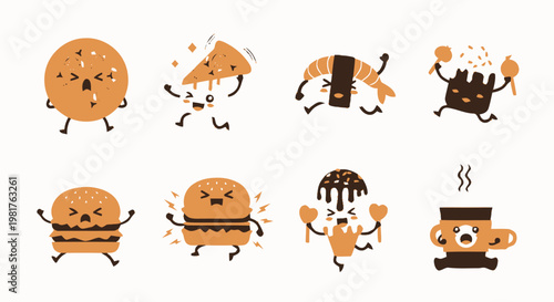 Cartoon Food Characters - Pizza, Sushi, Burger, Ice Cream, and More.