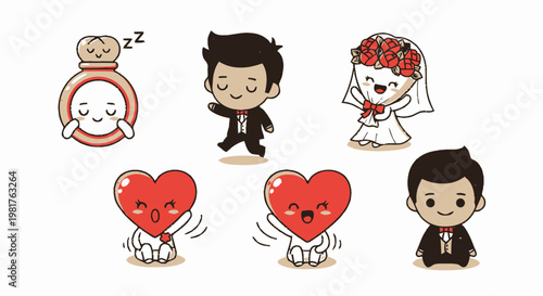 Adorable Cartoon Wedding Characters and Elements on White Background.