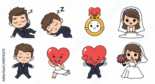 Adorable Cartoon Wedding Characters and Heart Symbols in Various Poses.