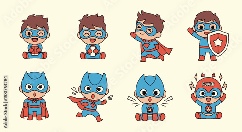 Adorable Superhero Kids Posing with Capes and Masks in Various Action Poses.