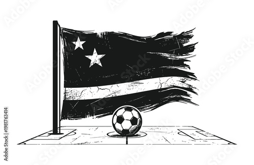 Curacao flag with grunge effect waving on a flagpole above a soccer pitch with a ball