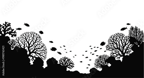 Coral reef ecosystem featuring diverse sea life and underwater flora creates a serene marine environment captured in a stark black silhouette perfect for ocean conservation and education themes.