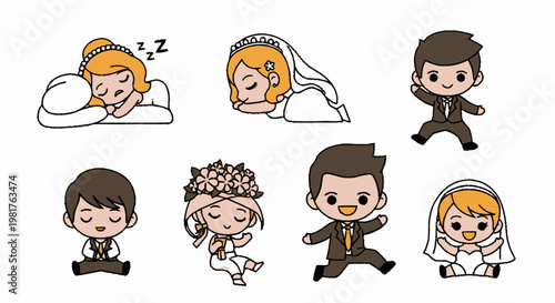 Adorable Cartoon Wedding Characters in Various Poses and Expressions.