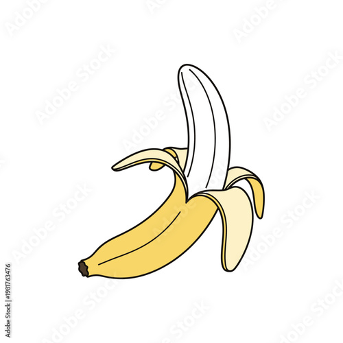 Cartoon illustration of a peeled banana isolated on a white background.