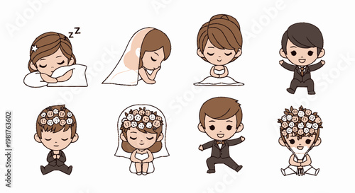Charming Cartoon Wedding Characters in Various Poses and Attire.