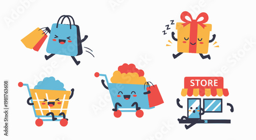 Cheerful Shopping Cart and Bags Characters Representing Retail and Commerce.