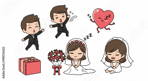 Charming Cartoon Wedding Elements Featuring Bride, Groom, and Heart.