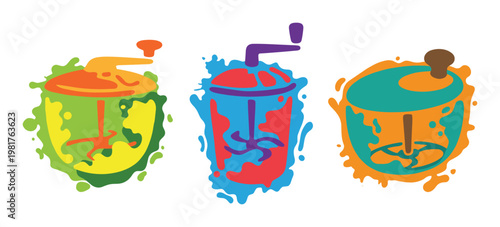 Abstract hand crank mixers, ink blot style, colorful kitchen tools