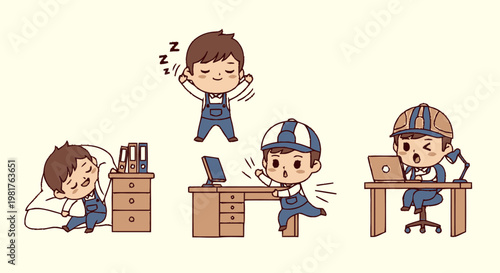 Cartoon Characters Depicting Daily Activities and Work Routines.