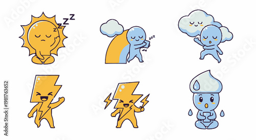 Adorable Weather Icons Depicting Sun, Clouds, Rain, and Lightning.