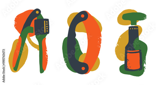 Abstract Kitchen Utensils Illustration with Ink Blot Style and Green Accents