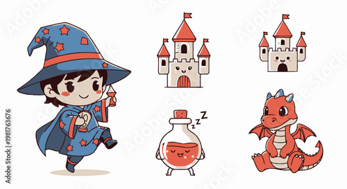 Charming Cartoon Wizard with Magic Wand and Enchanting Cape.