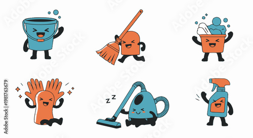 Collection of Cute Cartoon Cleaning Tools with Happy Faces.
