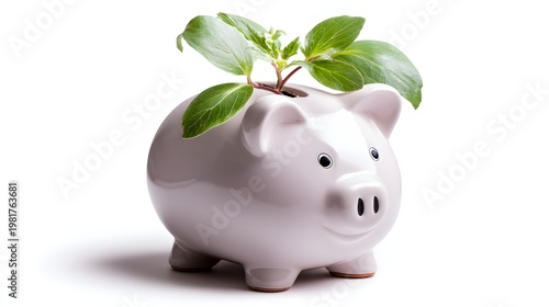 Ceramic piggy bank with green plant growing on top, perfect for savings growth, financial planning