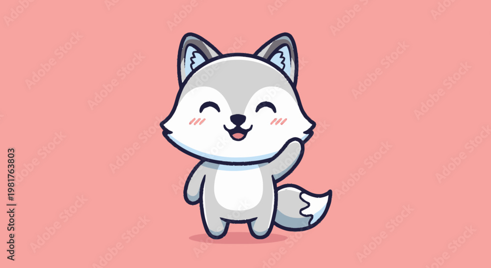 Obraz premium Charming cartoon wolf character waving hello with a friendly smile.