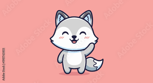 Charming cartoon wolf character waving hello with a friendly smile.