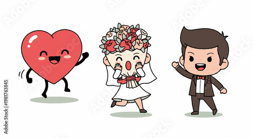 Cute Cartoon Characters Celebrating Love, Marriage, and Happiness Together.