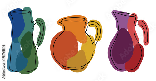 Abstract Pitcher Illustration, Colorful Jugs Art, Line Art