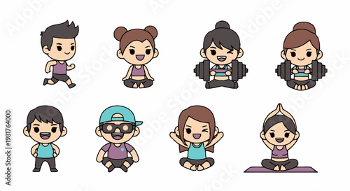 Cartoon Characters Engaging in Various Fitness Activities and Exercises.