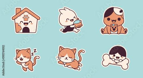 Cute cartoon pet stickers set with playful animals.