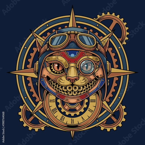 A captivating steampunk cat design featuring gears, goggles, and a mix of mechanical and feline elements, perfect for art lovers and fantasy enthusiasts alike.