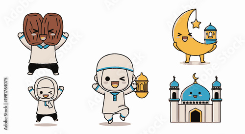 Cute Cartoon Characters Celebrating Ramadan with Festive Decorations.