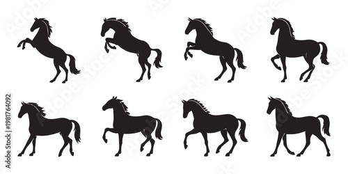 Collection of horse silhouettes in various poses, wild horses running, prancing, rearing, standing, motion.