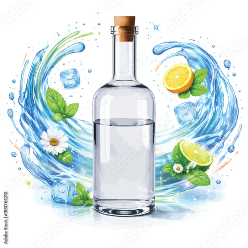 Clear glass bottle of water with citrus and mint elements water splash white background refreshing drinkware beverage hydration ingredient cocktail mocktail wellness drink concept isolated