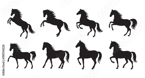 Horse silhouettes in various dynamic poses, wild horses running, prancing, rearing, galloping, motion.
