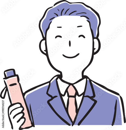 折り畳み傘を備えている満面の笑みのサラリーマン_2色