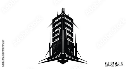 Skyscraper building featuring a modern architectural silhouette represents urban development and structural engineering excellence in a sleek, minimalist graphic design for commercial real estate.