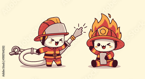 Adorable Firefighter Characters Ready for Action with Fire Hose and Flames.