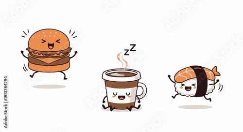 Cheerful Burger, Sleepy Coffee, and Happy Sushi Characters on White Background.