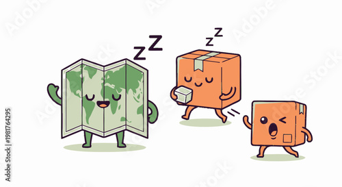 Cartoon Map and Boxes Sleeping and Walking Together.