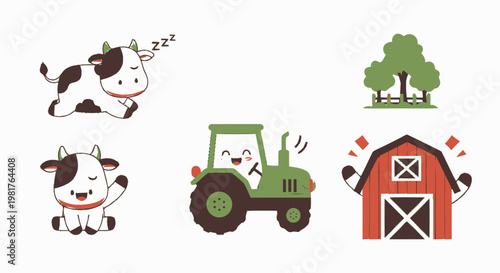 Cute Cartoon Farm Animals and Tractor on White Background.