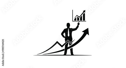 Businessman pointing at a rising financial growth chart symbolizes professional success and economic development in a corporate environment where strategy meets performance and future achievement.