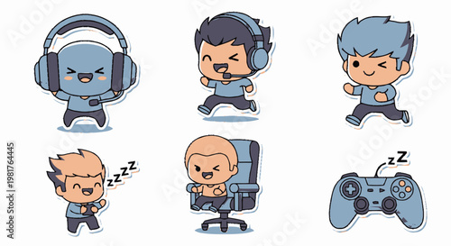 Adorable Gamer Characters in Various Poses and Gaming Accessories.