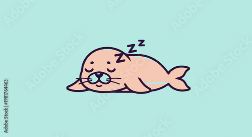 Cute cartoon seal sleeping peacefully on a light blue background.
