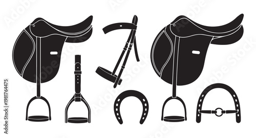Set of equestrian equipment black silhouettes, includes saddles, bridles, stirrups, horseshoe.